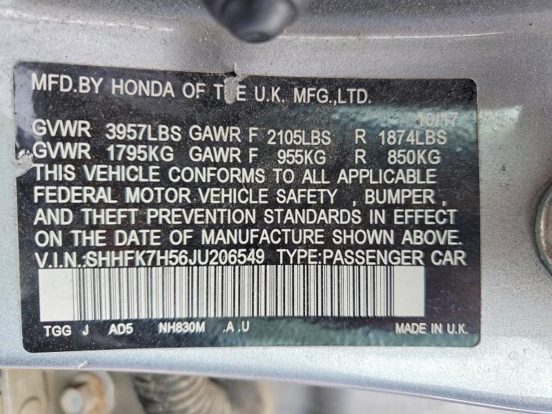 Продажа на аукционе авто 2018 Honda Civic, vin: SHHFK7H56JU206549, номер лота: 58958216