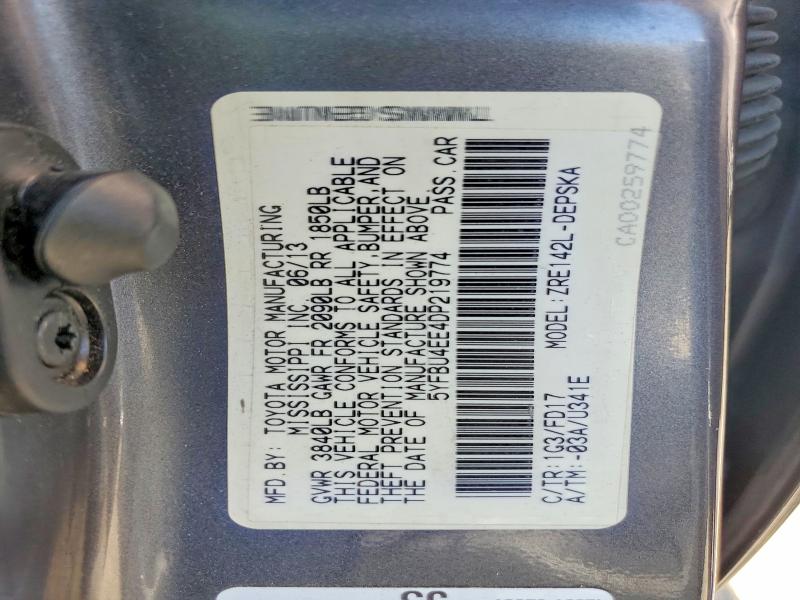 Aukcja sprzedaży 2013 Toyota Corolla, vin: 5YFBU4EE4DP219774, numer aukcji: 56976966