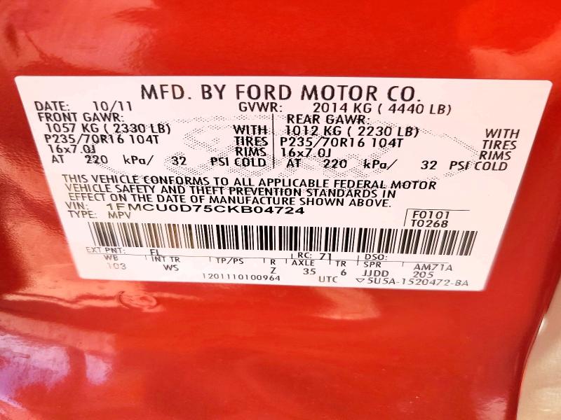 2012 Ford Escape მანქანა იყიდება აუქციონზე, vin: 1FMCU0D75CKB04724, აუქციონის ნომერი: 56677516