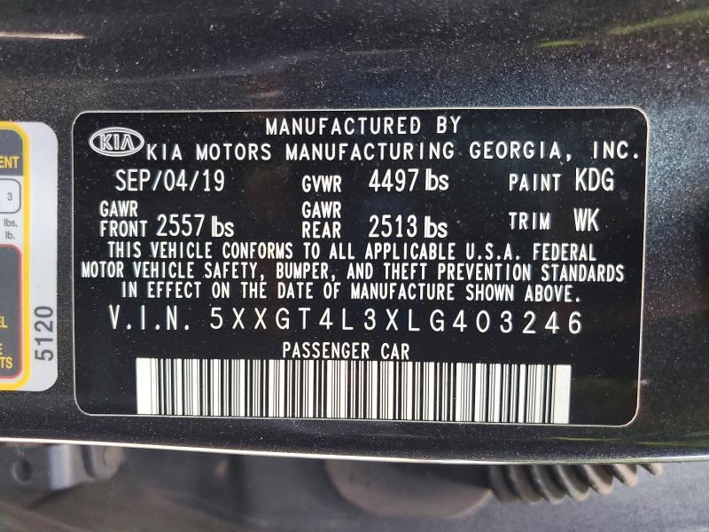 Продаж на аукціоні авто 2020 Kia Optima, vin: 5XXGT4L3XLG403246, номер лоту: 58595526