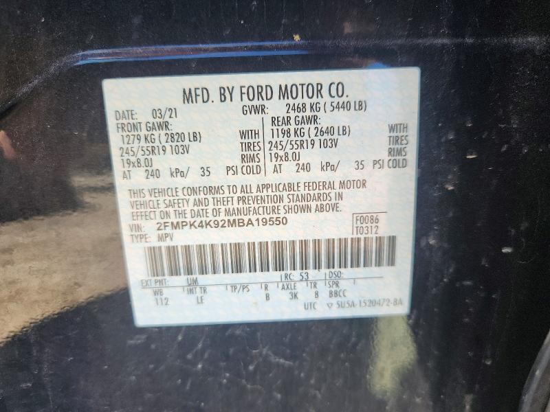 2021 Ford Edge მანქანა იყიდება აუქციონზე, vin: 2FMPK4K92MBA19550, აუქციონის ნომერი: 56809686