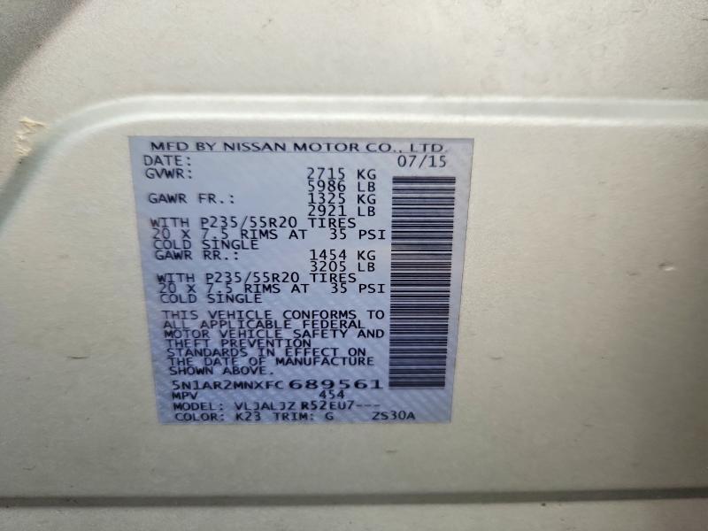 2015 Nissan Pathfinder მანქანა იყიდება აუქციონზე, vin: 5N1AR2MNXFC689561, აუქციონის ნომერი: 57493896