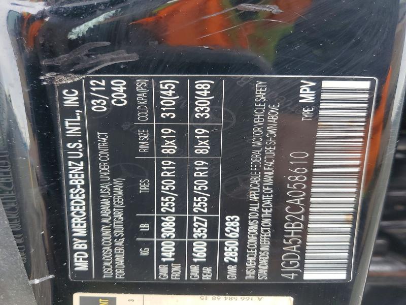 55732336 :رقم المزاد ، 4JGDA5HB2CA058610 vin ، 2012 Mercedes-benz Ml مزاد بيع