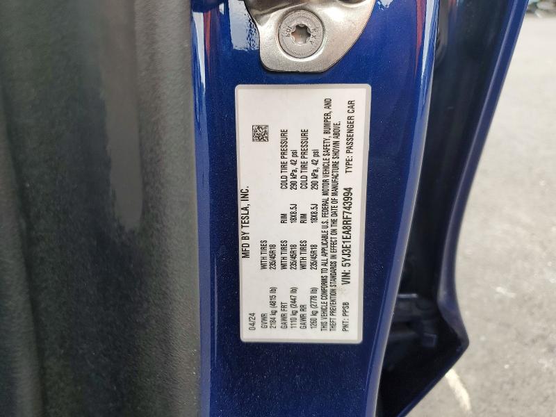 2024 Tesla Model 3 მანქანა იყიდება აუქციონზე, vin: 5YJ3E1EA8RF743994, აუქციონის ნომერი: 57767416