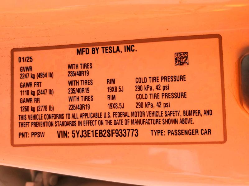 Продажа на аукционе авто 2025 Tesla Model 3, vin: 5YJ3E1EB2SF933773, номер лота: 85454755