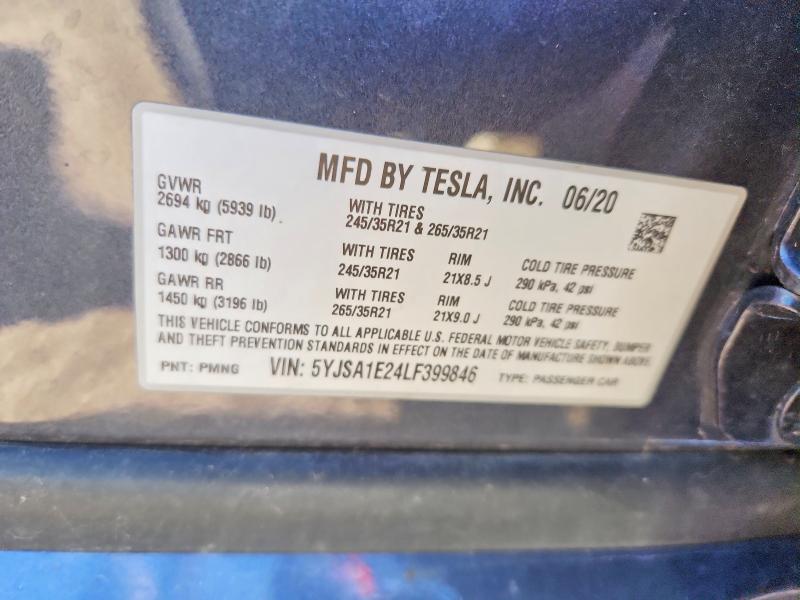 2020 Tesla Model S მანქანა იყიდება აუქციონზე, vin: 5YJSA1E24LF399846, აუქციონის ნომერი: 57915546