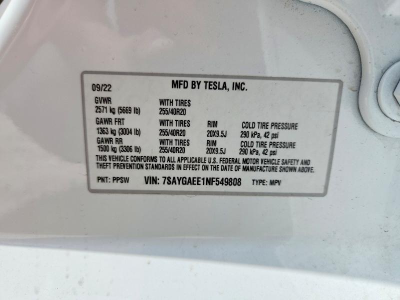 58760376 :رقم المزاد ، 7SAYGAEE1NF549808 vin ، 2022 Tesla Model Y مزاد بيع