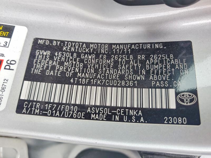 Aukcja sprzedaży 2012 Toyota Camry, vin: 4T1BF1FK7CU028361, numer aukcji: 55954306