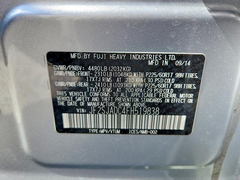 57631496 :رقم المزاد ، JF2SJADC4FH519838 vin ، 2015 Subaru Forester مزاد بيع