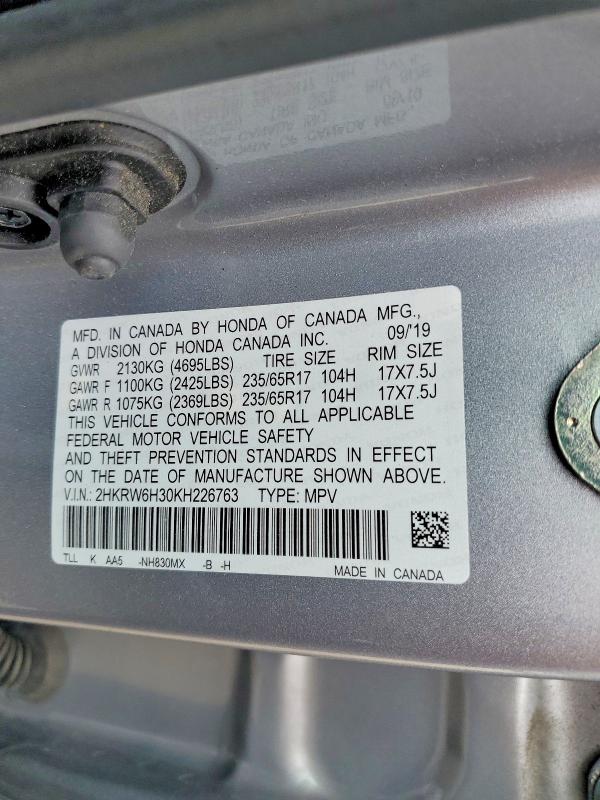 58145726 :رقم المزاد ، 2HKRW6H30KH226763 vin ، 2019 Honda Cr-v مزاد بيع