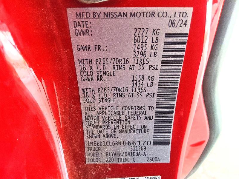 57518036 :رقم المزاد ، 1N6ED1CL6RN666170 vin ، 2024 Nissan Frontier مزاد بيع