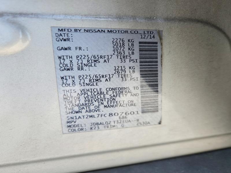 2015 Nissan Rogue მანქანა იყიდება აუქციონზე, vin: 5N1AT2ML7FC807601, აუქციონის ნომერი: 57935716