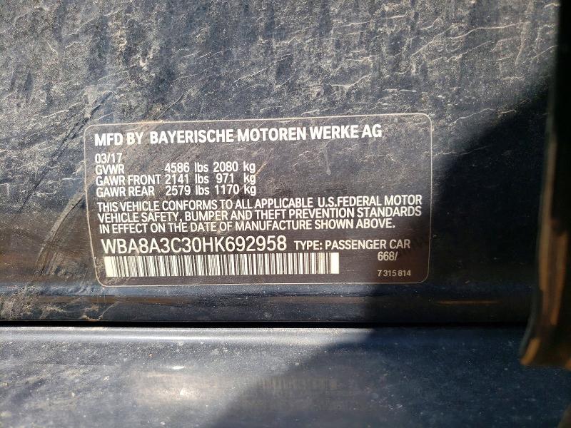 55790696 :رقم المزاد ، WBA8A3C30HK692958 vin ، 2017 Bmw 320 مزاد بيع