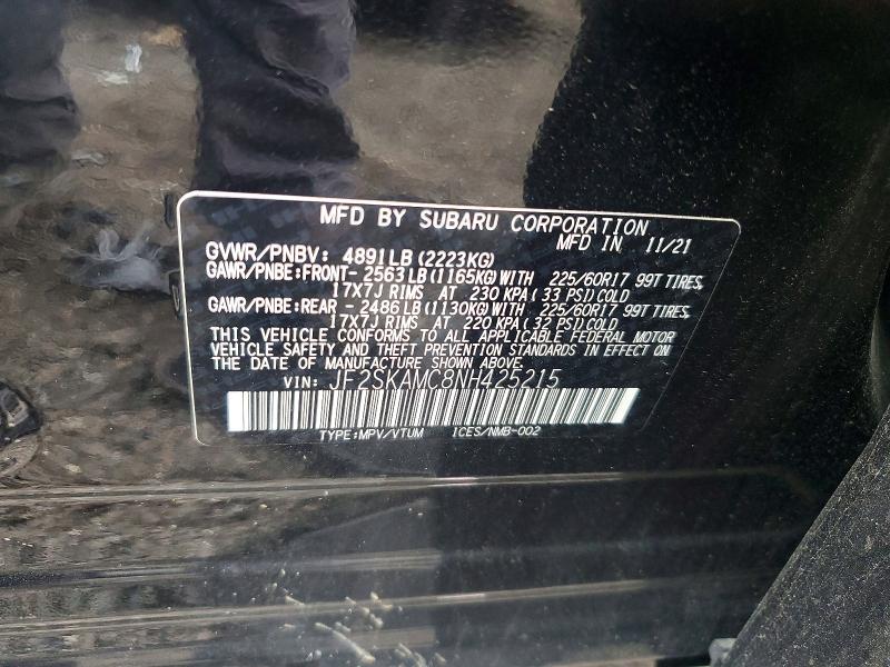 2022 Subaru Forester მანქანა იყიდება აუქციონზე, vin: JF2SKAMC8NH425215, აუქციონის ნომერი: 58421186