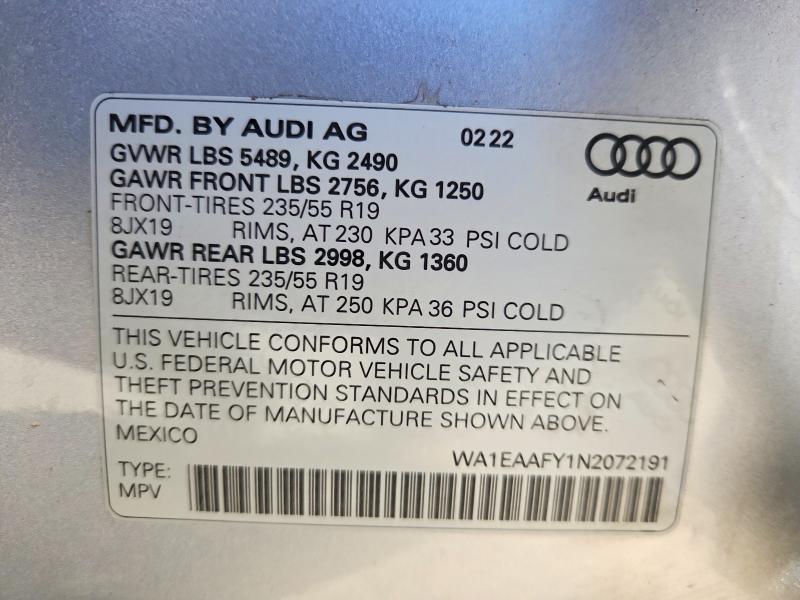 Продаж на аукціоні авто 2022 Audi Q5, vin: WA1EAAFY1N2072191, номер лоту: 57136236