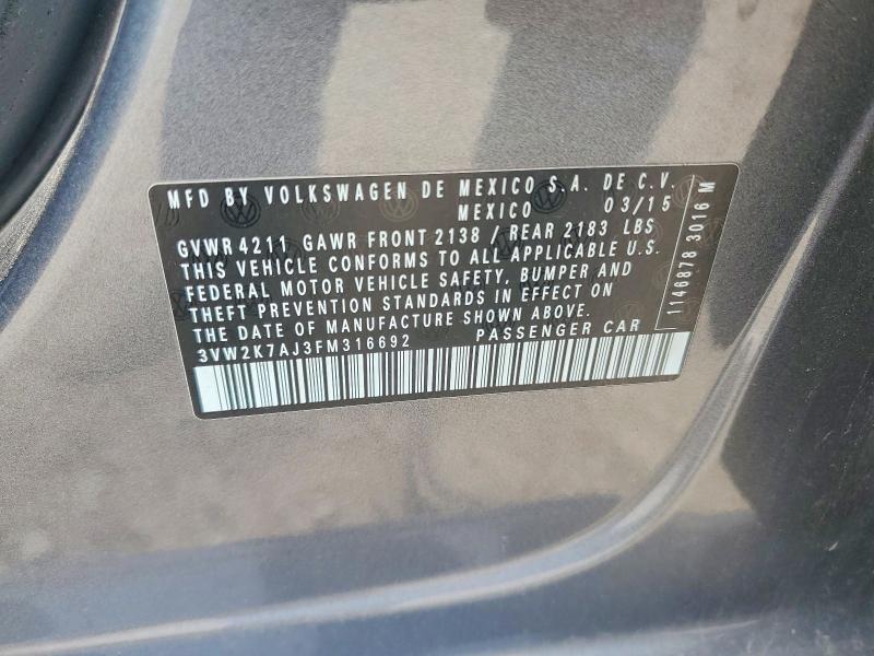 Продажа на аукционе авто 2015 Volkswagen Jetta, vin: 3VW2K7AJ3FM316692, номер лота: 59263106