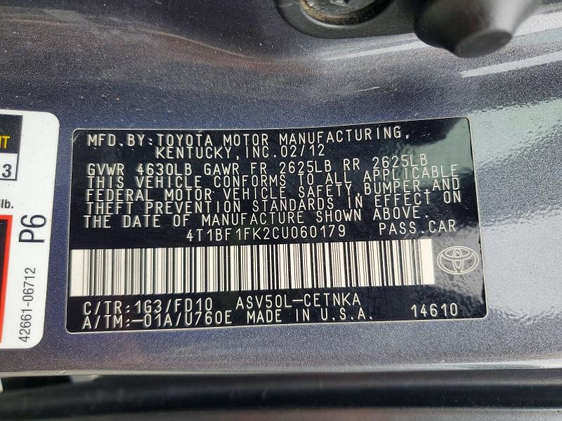 2012 Toyota Camry მანქანა იყიდება აუქციონზე, vin: 4T1BF1FK2CU060179, აუქციონის ნომერი: 57927656