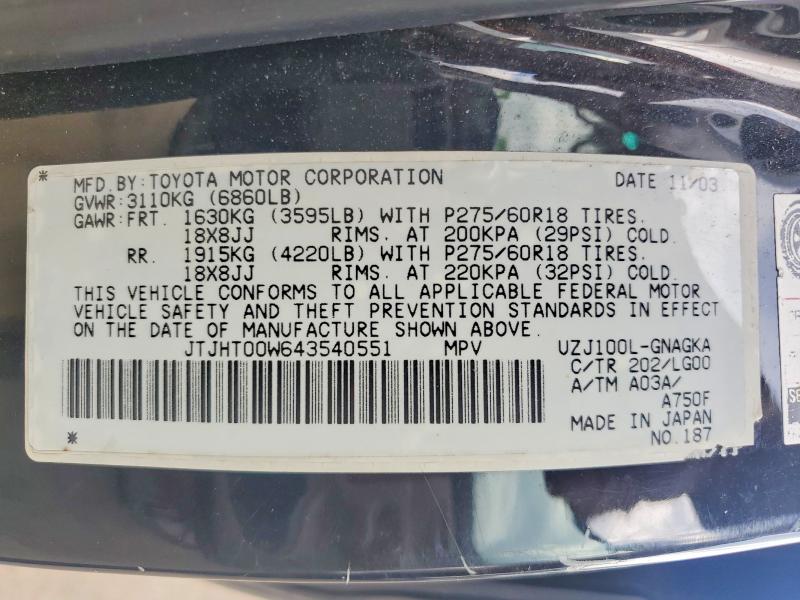 Aukcja sprzedaży 2004 Lexus Lx, vin: JTJHT00W643540551, numer aukcji: 58099316