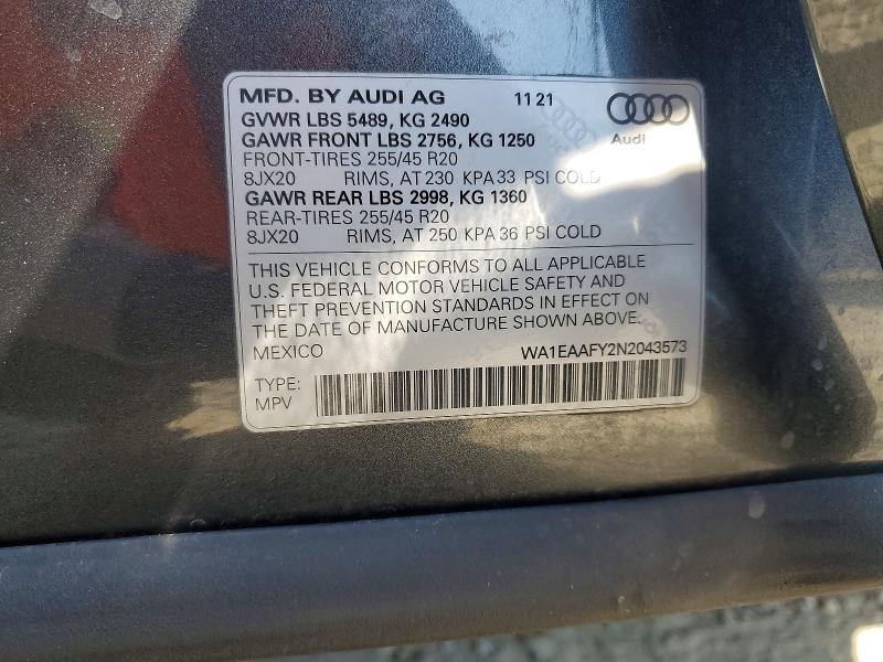2022 Audi Q5 მანქანა იყიდება აუქციონზე, vin: WA1EAAFY2N2043573, აუქციონის ნომერი: 58280606