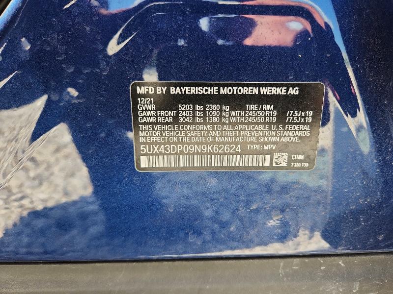 57151036 :رقم المزاد ، 5UX43DP09N9K62624 vin ، 2022 Bmw X3 مزاد بيع