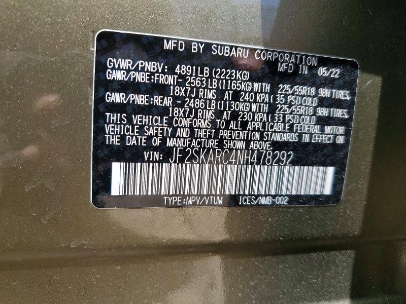 Aukcja sprzedaży 2022 Subaru Forester, vin: JF2SKARC4NH478292, numer aukcji: 57154666