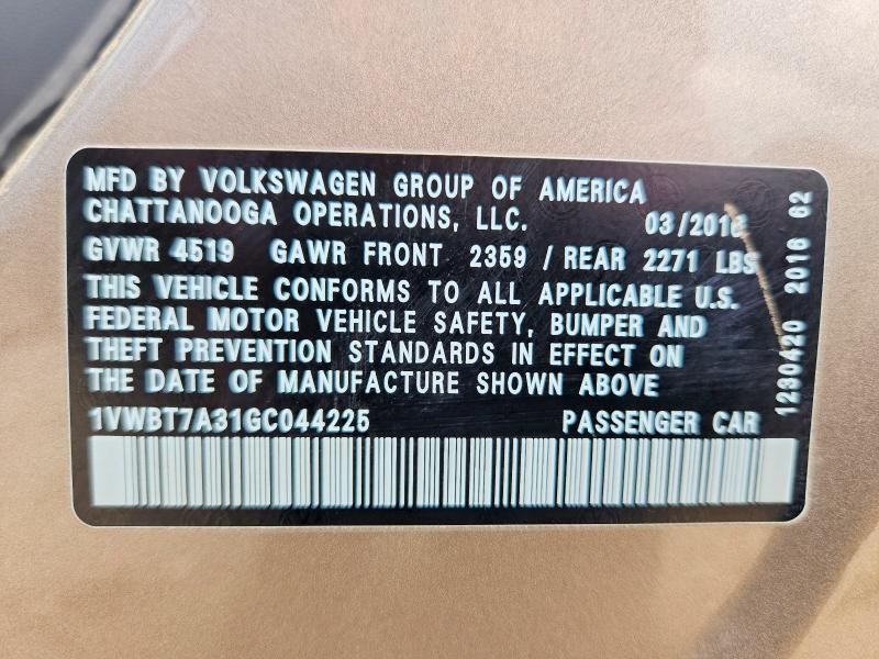 58250316 :رقم المزاد ، 1VWBT7A31GC044225 vin ، 2016 Volkswagen Passat مزاد بيع