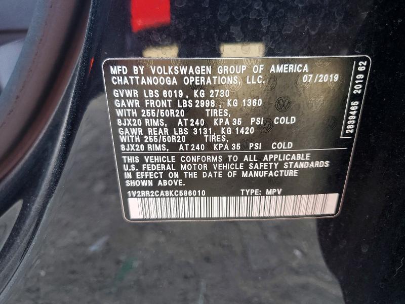 2019 Volkswagen Atlas მანქანა იყიდება აუქციონზე, vin: 1V2RR2CA8KC586010, აუქციონის ნომერი: 85453575