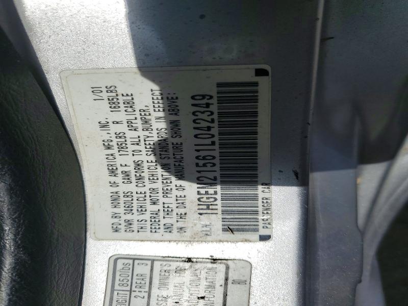 Aukcja sprzedaży 2001 Honda Civic, vin: 1HGEM21561L042349, numer aukcji: 58239506