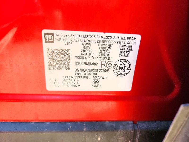 Aukcja sprzedaży 2022 Chevrolet Equinox, vin: 3GNAXUEV3NL223095, numer aukcji: 58984526