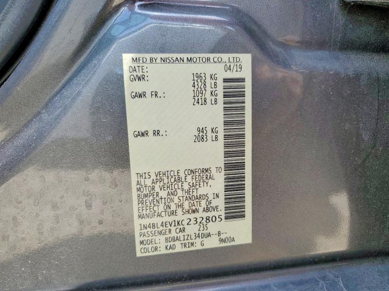 Продажа на аукционе авто 2019 Nissan Altima, vin: 1N4BL4EV1KC232805, номер лота: 57064826