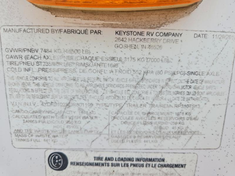 56415696 :رقم المزاد ، 4YDF3102XDR801199 vin ، 2013 Keystone Unknown مزاد بيع