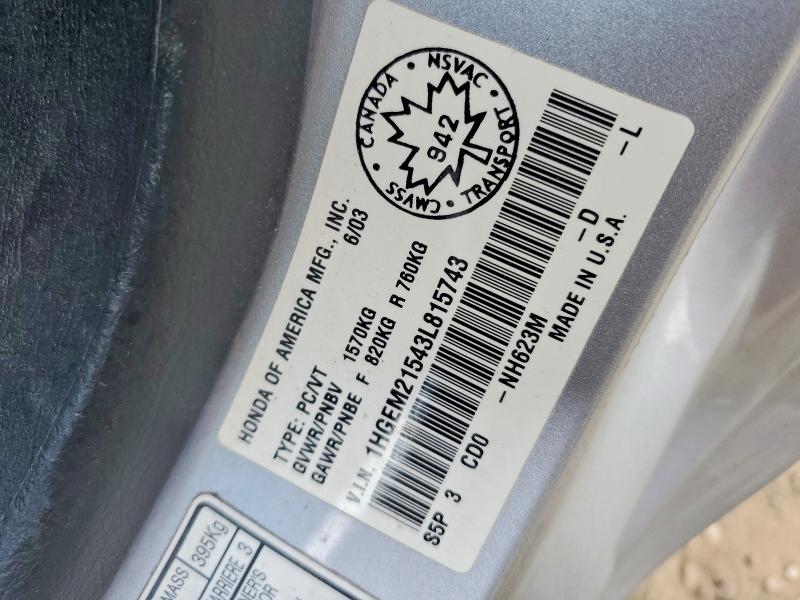 2003 Honda Civic მანქანა იყიდება აუქციონზე, vin: 1HGEM21543L815743, აუქციონის ნომერი: 56687866