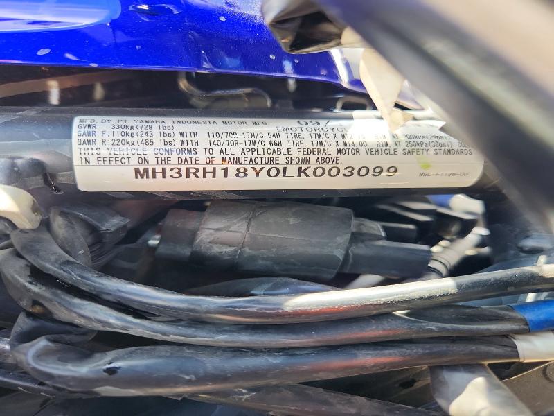 56807616 :رقم المزاد ، MH3RH18YOLK003099 vin ، 2020 Yamaha Yzfr3 مزاد بيع
