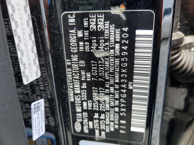 2019 Kia Sorento მანქანა იყიდება აუქციონზე, vin: 5XYPG4A33KG594204, აუქციონის ნომერი: 58007976