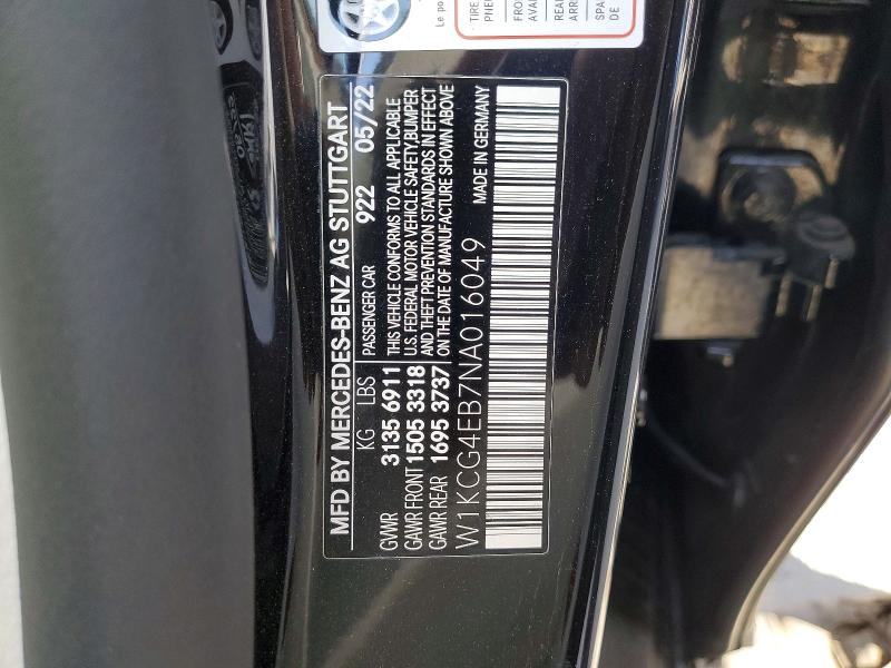 56334436 :رقم المزاد ، W1KCG4EB7NA016049 vin ، 2022 Mercedes-benz Eqs Sedan مزاد بيع