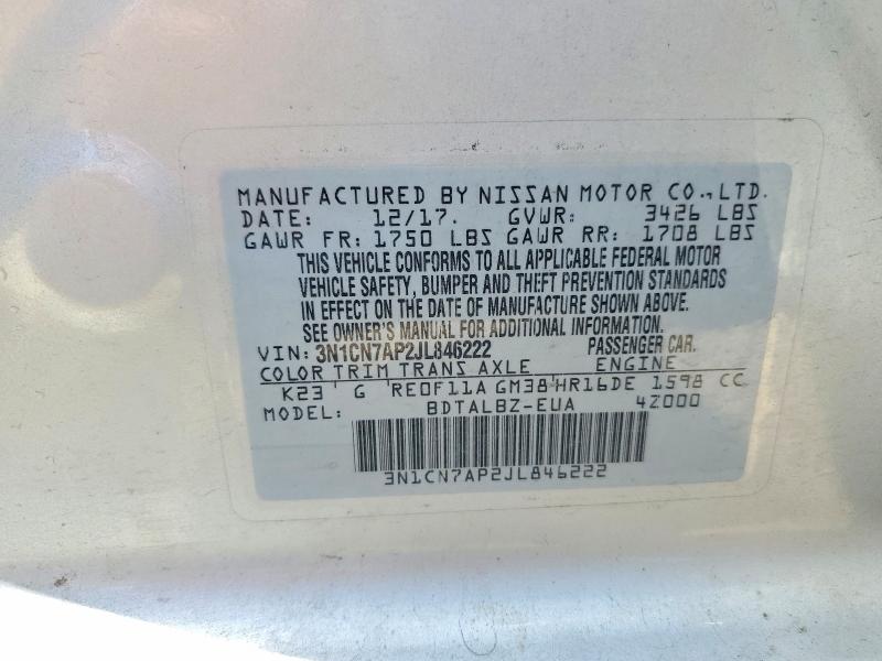 Продажа на аукционе авто 2018 Nissan Versa, vin: 3N1CN7AP2JL846222, номер лота: 59348326