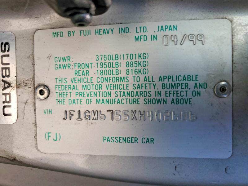 1999 Subaru Impreza მანქანა იყიდება აუქციონზე, vin: JF1GM6755XH402606, აუქციონის ნომერი: 57052796