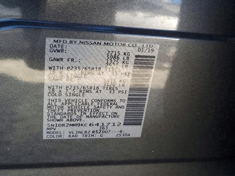 56109236 :رقم المزاد ، 5N1DR2MM9KC641712 vin ، 2019 Nissan Pathfinder مزاد بيع