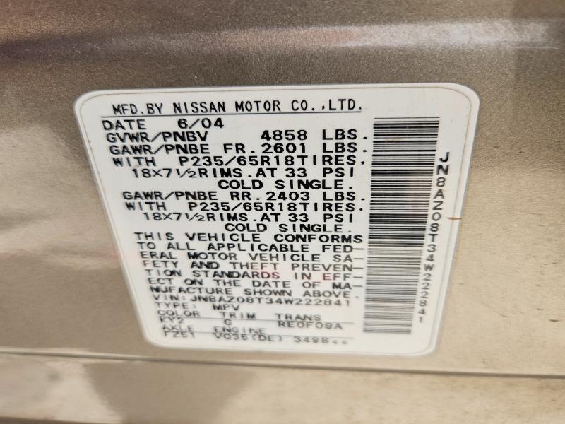 Продажа на аукционе авто 2004 Nissan Murano, vin: JN8AZ08T34W222841, номер лота: 56764676