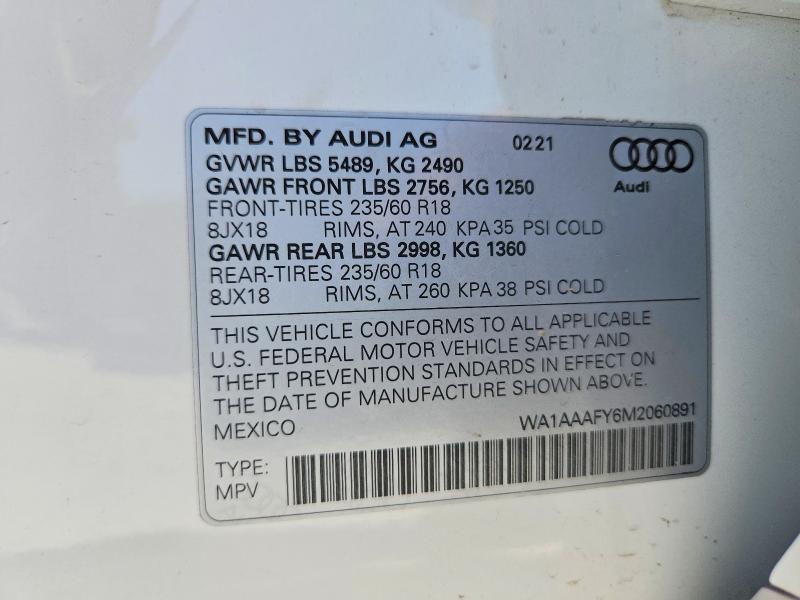 Продаж на аукціоні авто 2021 Audi Q5, vin: WA1AAAFY6M2060891, номер лоту: 59075846