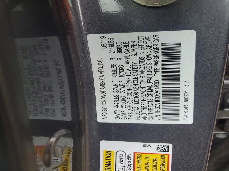 58229176 :رقم المزاد ، 1HGCV1F30KA147990 vin ، 2019 Honda Accord مزاد بيع