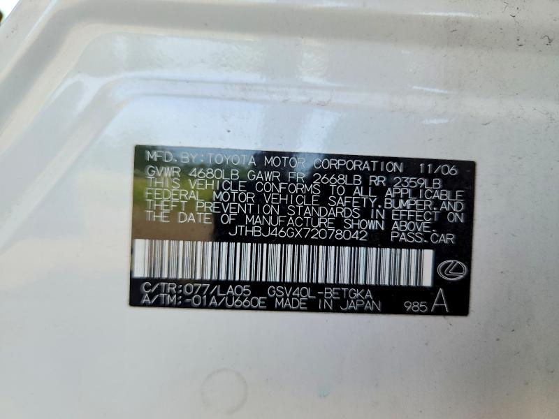 56901556 :رقم المزاد ، JTHBJ46GX72078042 vin ، 2007 Lexus Es مزاد بيع
