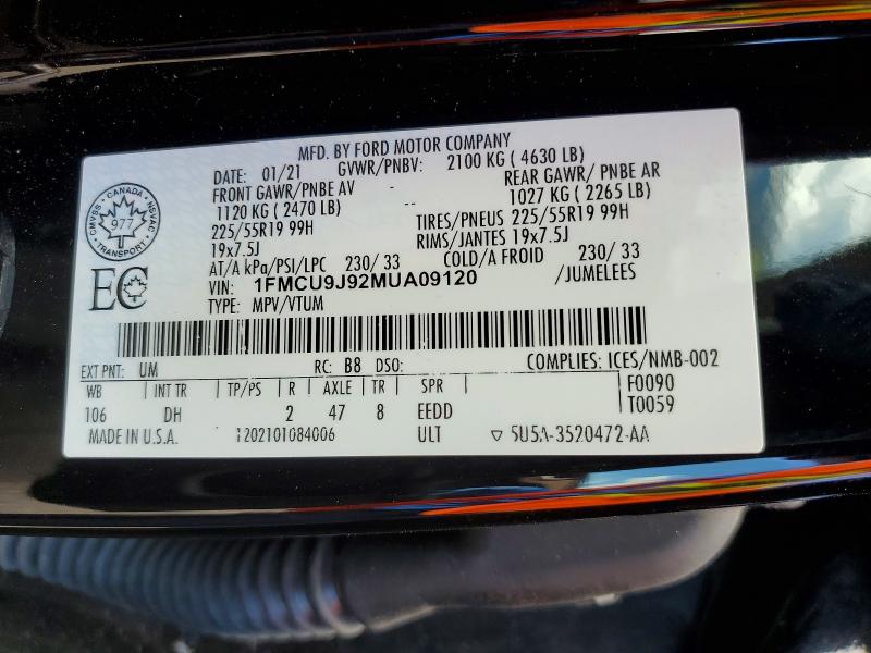 Продаж на аукціоні авто 2021 Ford Escape, vin: 1FMCU9J92MUA09120, номер лоту: 57830266