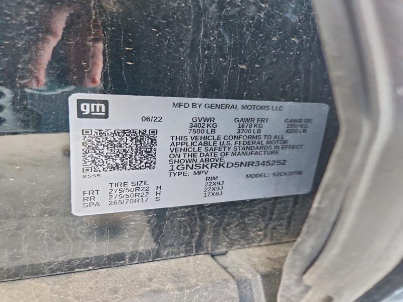 2022 Chevrolet Tahoe მანქანა იყიდება აუქციონზე, vin: 1GNSKRKD5NR345252, აუქციონის ნომერი: 57060366