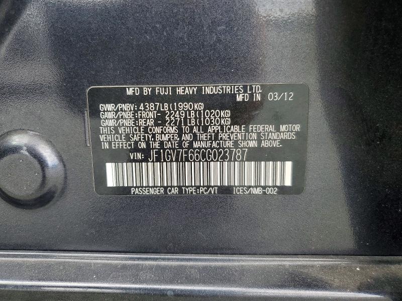 2012 Subaru Impreza მანქანა იყიდება აუქციონზე, vin: JF1GV7F66CG023787, აუქციონის ნომერი: 58562266