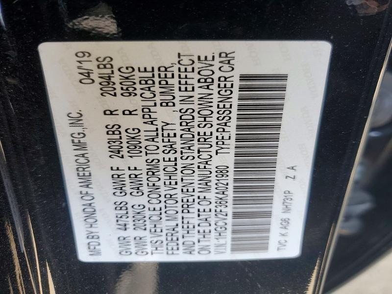 Продажа на аукционе авто 2019 Honda Accord, vin: 1HGCV2F36KA021980, номер лота: 56495446