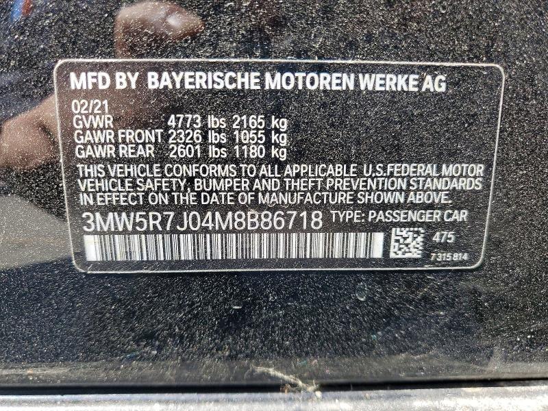2021 Bmw 330xi მანქანა იყიდება აუქციონზე, vin: 3MW5R7J04M8B86718, აუქციონის ნომერი: 57887526