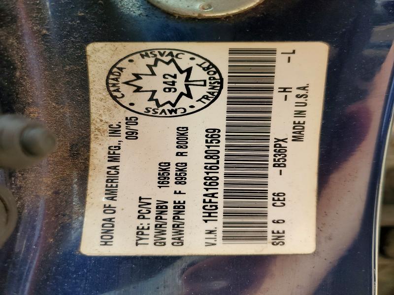 2006 Honda Civic მანქანა იყიდება აუქციონზე, vin: 1HGFA16816L801569, აუქციონის ნომერი: 55865946