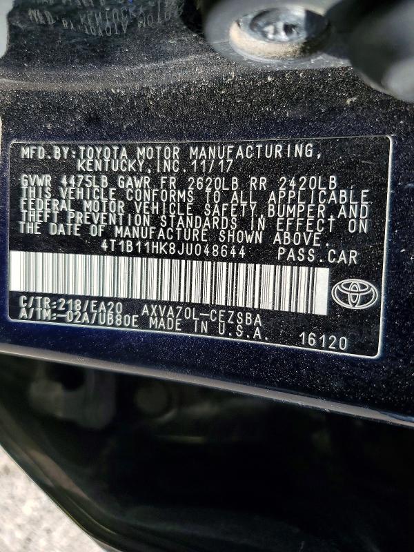 58995126 :رقم المزاد ، 4T1B11HK8JU048644 vin ، 2018 Toyota Camry مزاد بيع