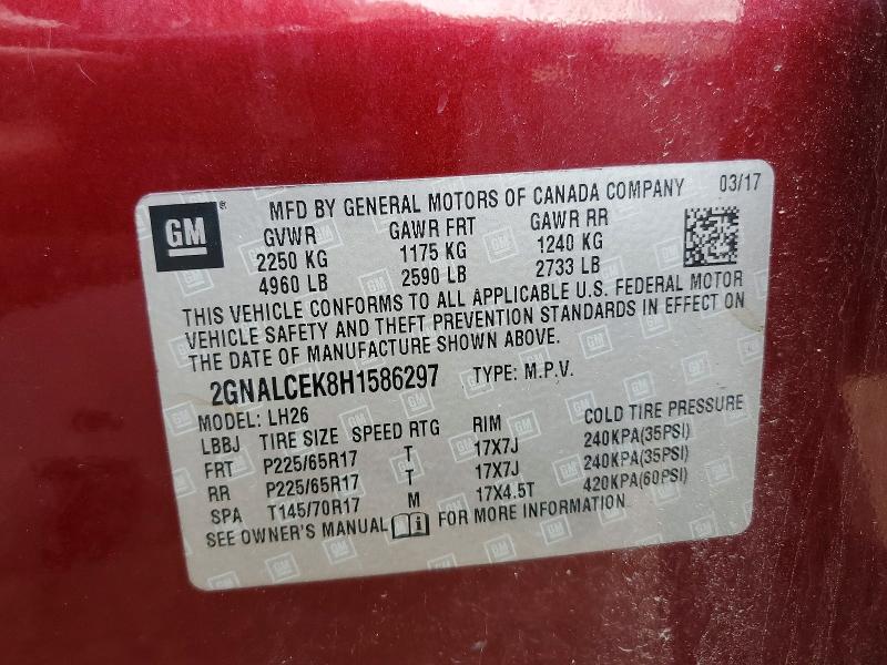57638976 :رقم المزاد ، 2GNALCEK8H1586297 vin ، 2017 Chevrolet Equinox مزاد بيع